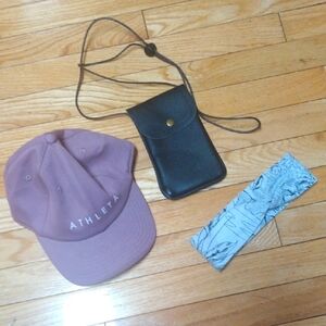 Athleta Pink Cap with Black Leather Pouch and Athleta Headband Accessory Bundle